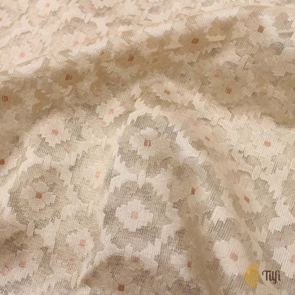 Off-White and Silver Pure Kora Tissue Silk Net Banarasi Handloom Saree