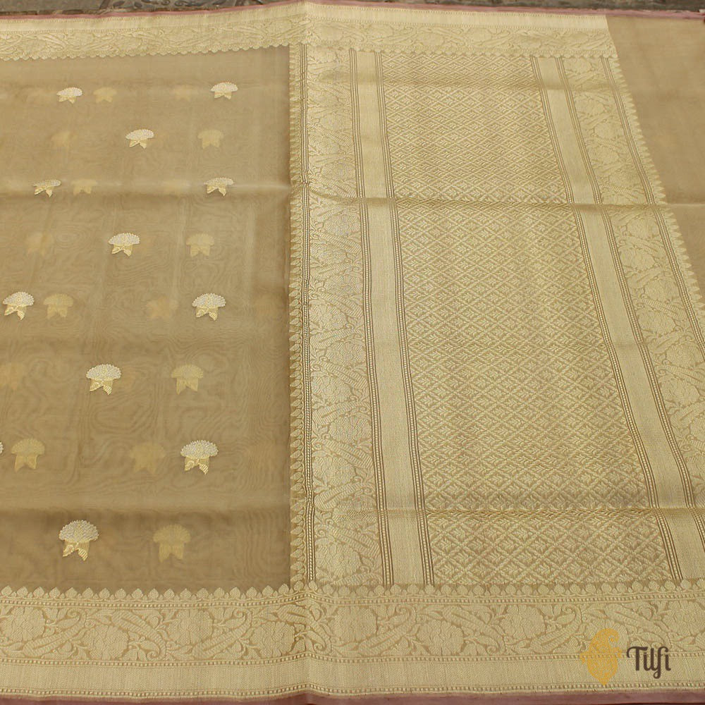 Beige Pure Kora Silk Handloom Banarasi Saree