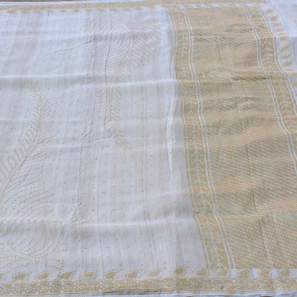 Off-White Pure Tussar Georgette Silk Banarasi Handloom Saree