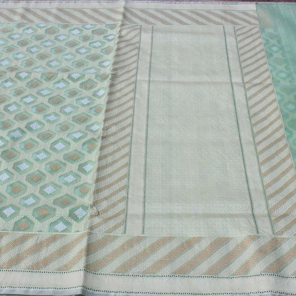 Mint Green Pure Kora Silk Handwoven Kadwa Banarasi Saree
