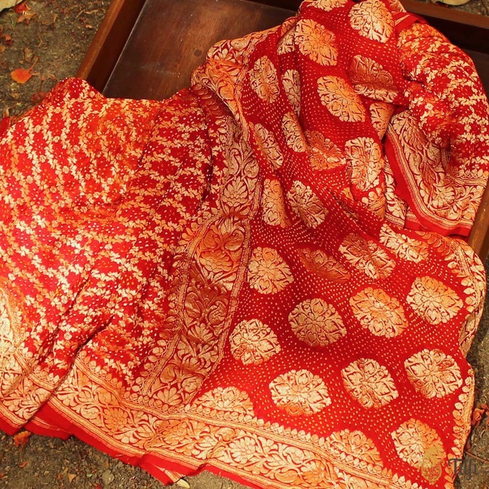 Dark Orange-Red Pure Georgette Banarasi Bandhani Handloom Saree