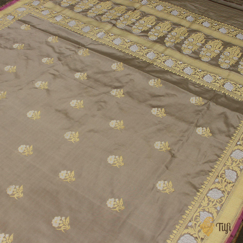 &#39;Pankaja&#39; Grey Pure Katan Silk Banarasi Handloom Saree