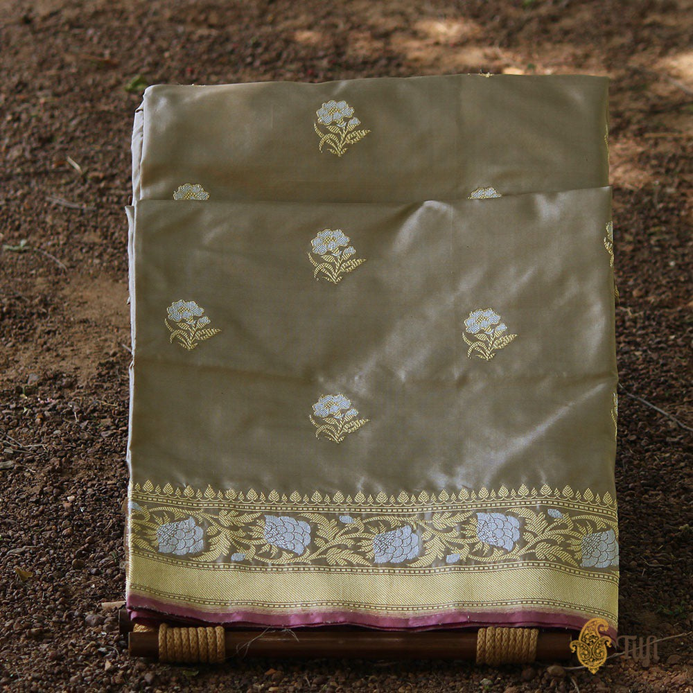 &#39;Pankaja&#39; Grey Pure Katan Silk Banarasi Handloom Saree