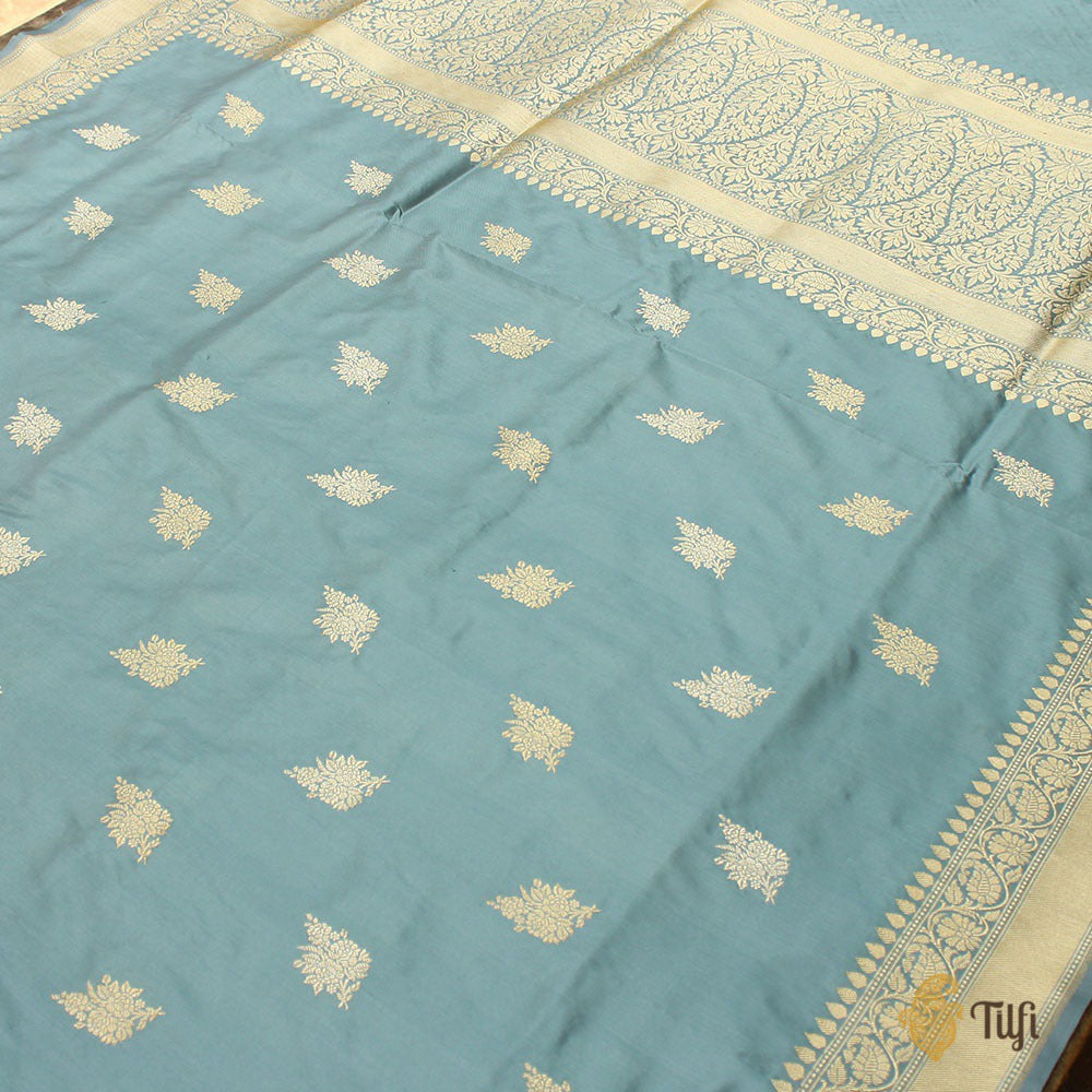 Dusty Blue Pure Katan Silk Banarasi Handloom Saree