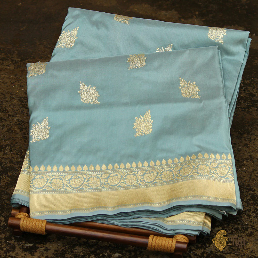 Dusty-Blue Handloom Pure Silk-Cotton (With Self-Checks) Collared Short-Blouse With Cotton Laces & Coconut Buttons main image 1