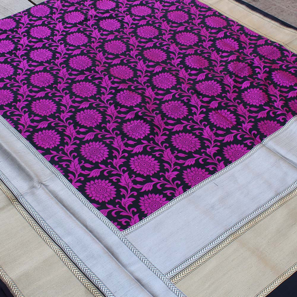 Black-Rani Pink Pure Silk Georgette Banarasi Handloom Saree