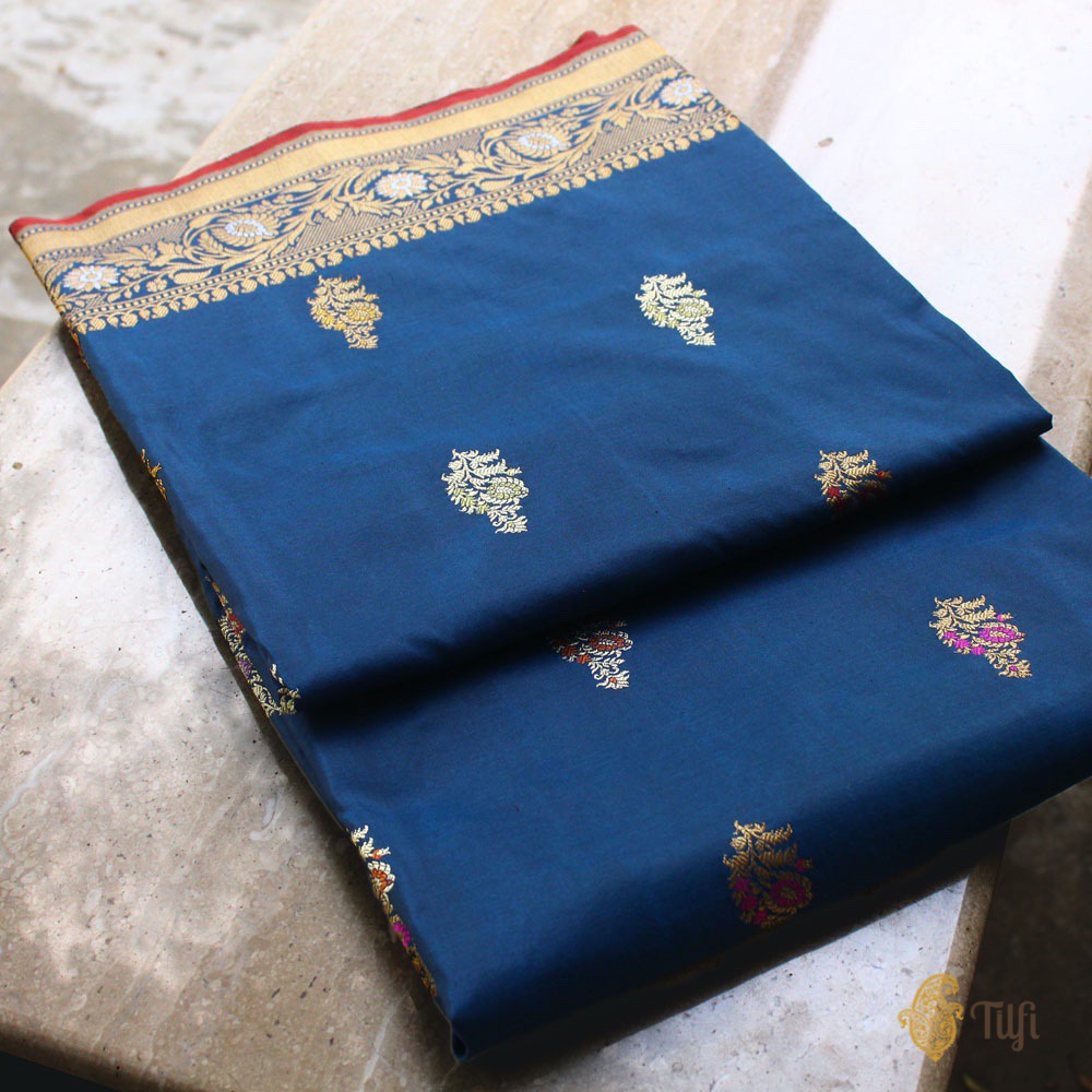 Prussian Blue Pure Katan Silk Banarasi Handloom Saree