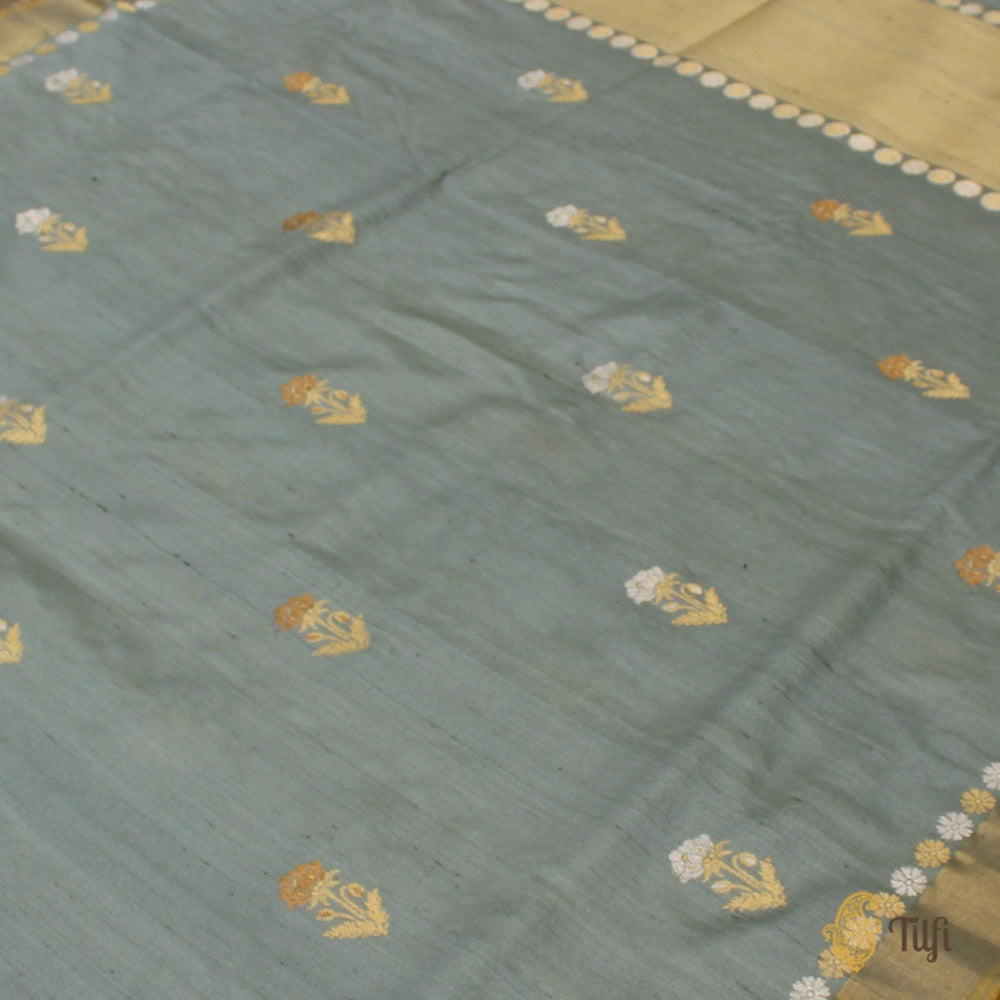 Grey-Blue Pure Tussar Silk Banarasi Handloom Saree