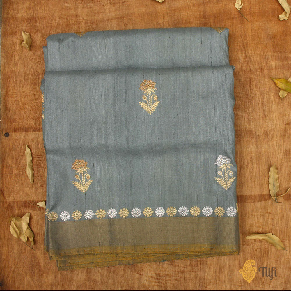 Grey-Blue Pure Tussar Silk Banarasi Handloom Saree