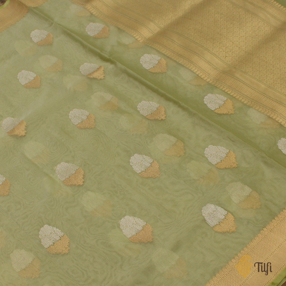 Light Pista Green Pure Kora Silk Banarasi Handloom Saree