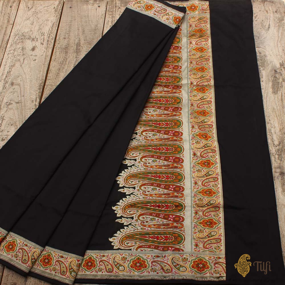 Black Pure Katan Silk Jamawar Banarasi Handloom Saree