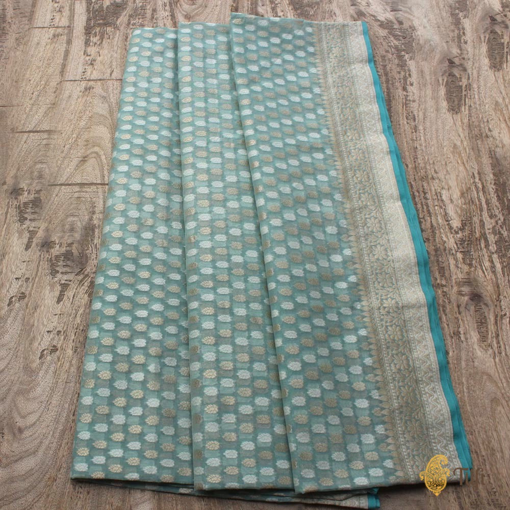 Mint Blue Pure Kora Silk by Cotton Banarasi Handloom Saree