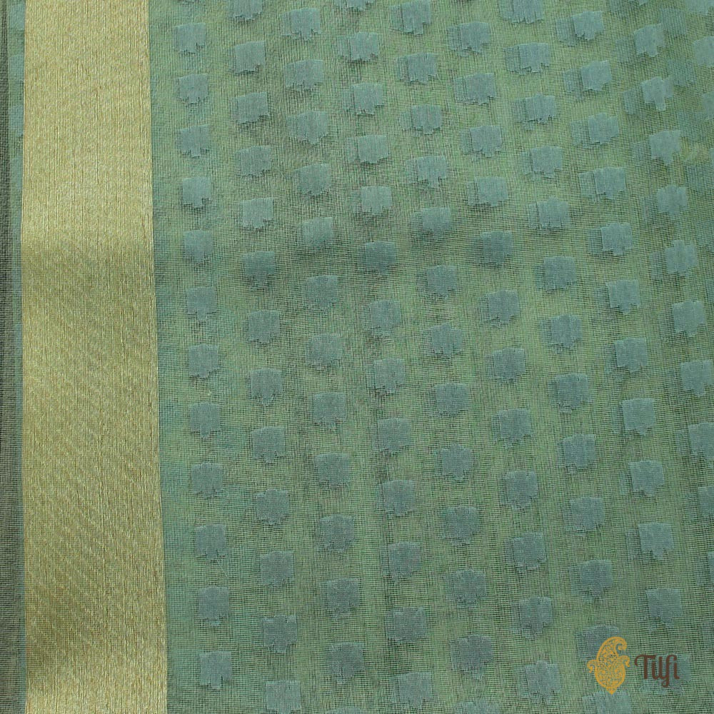 Mint Green Pure Kora Silk Net Banarasi Handloom Saree