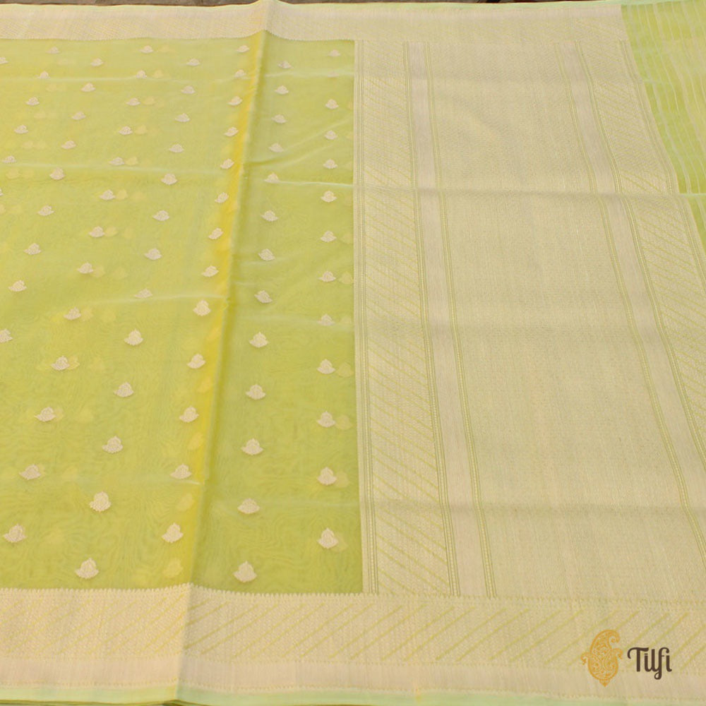 Lime Green Pure Kora Silk Handloom Banarasi Saree