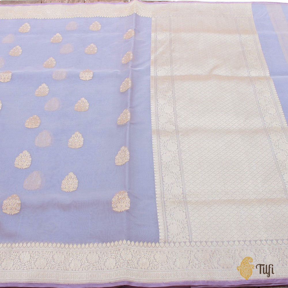 Blue-Grey Pure Kora Silk Handloom Banarasi Saree