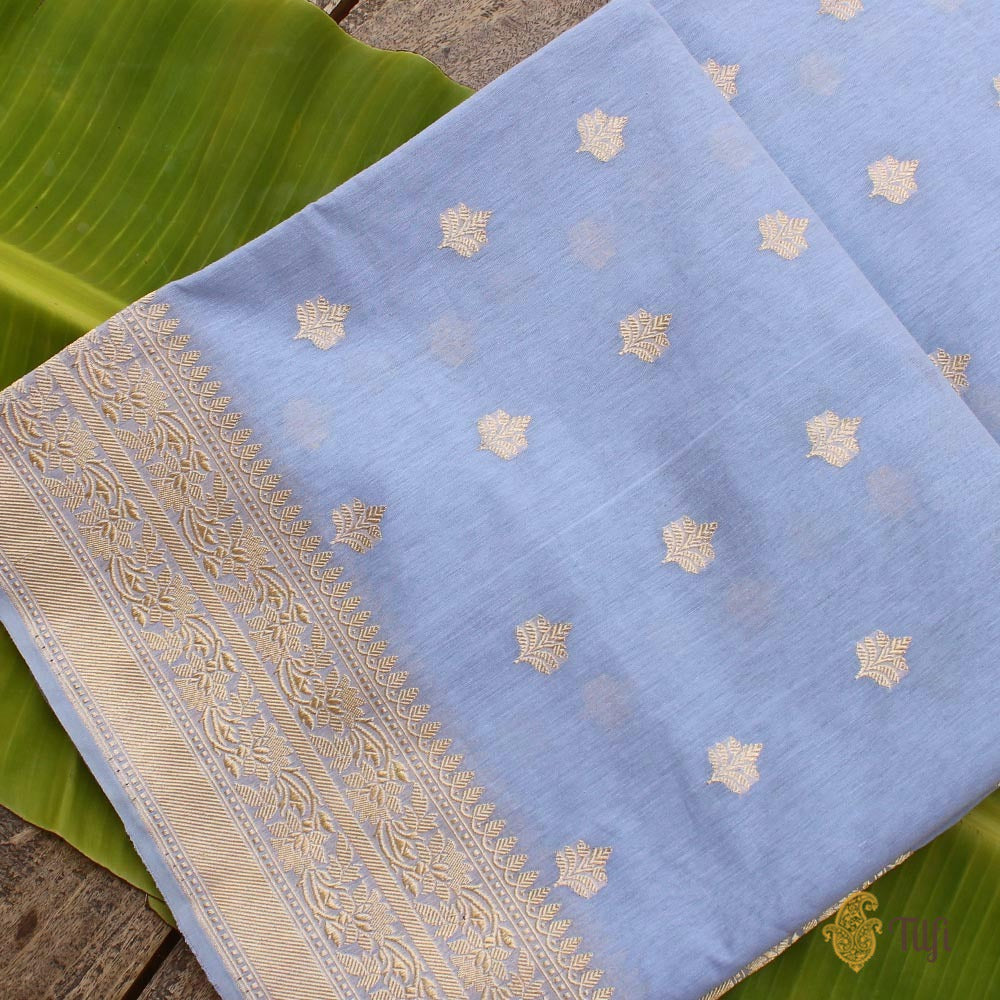 Powder Blue Pure Kora Silk by Cotton Banarasi Handloom Saree