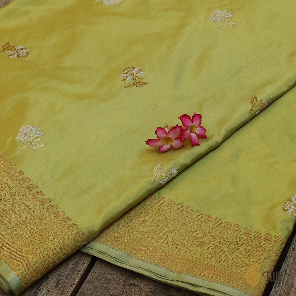 Light Yellow-Light Pista Green Pure Katan Silk Banarasi Handloom Saree