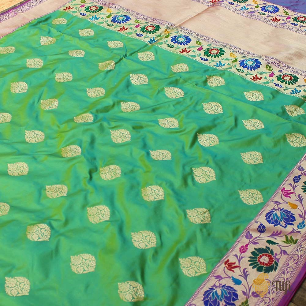Lime Green-Sea Green Pure Katan Silk Banarasi Handloom Saree