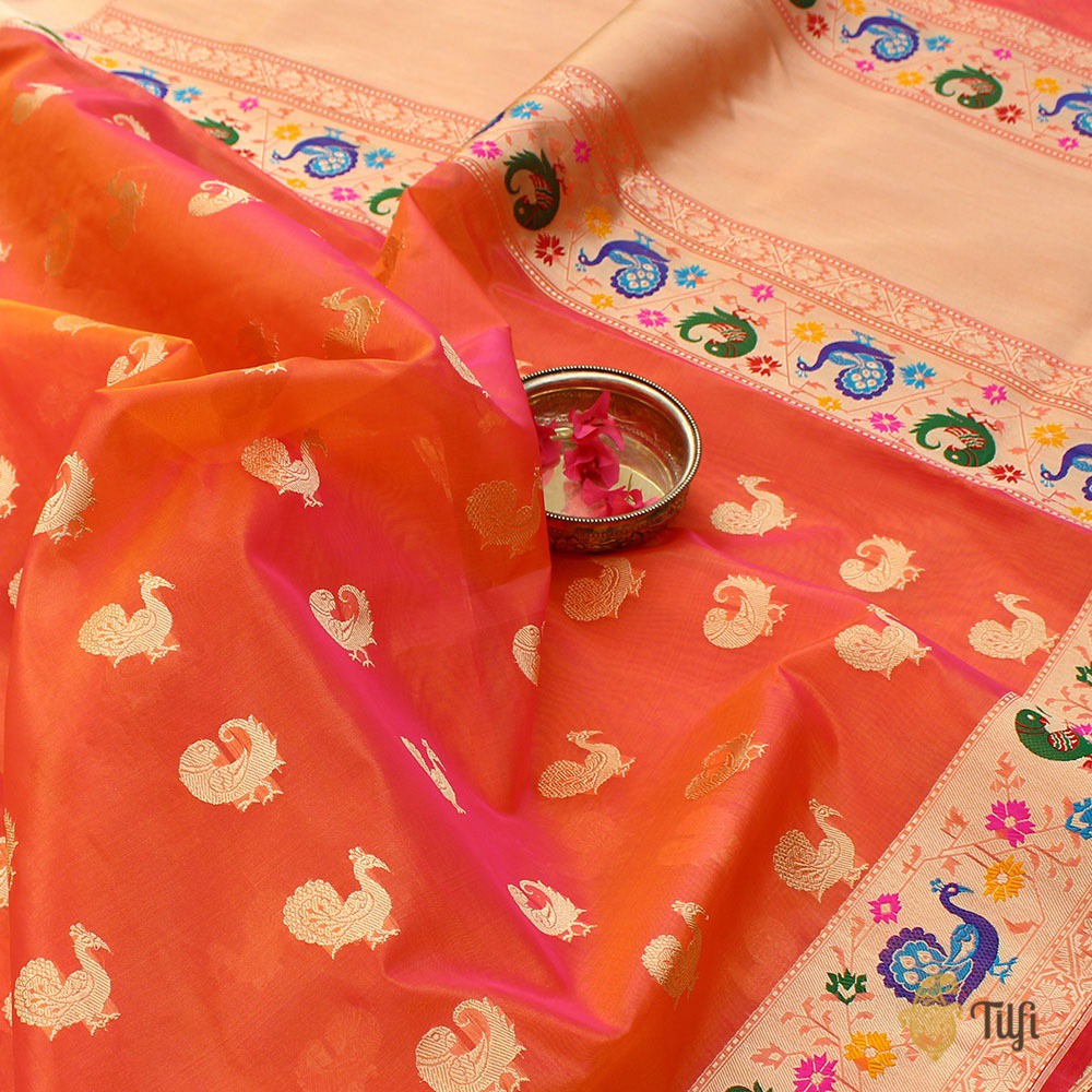 Orange-Rani Pink Pure Kora Silk Banarasi Paithani Handloom Saree