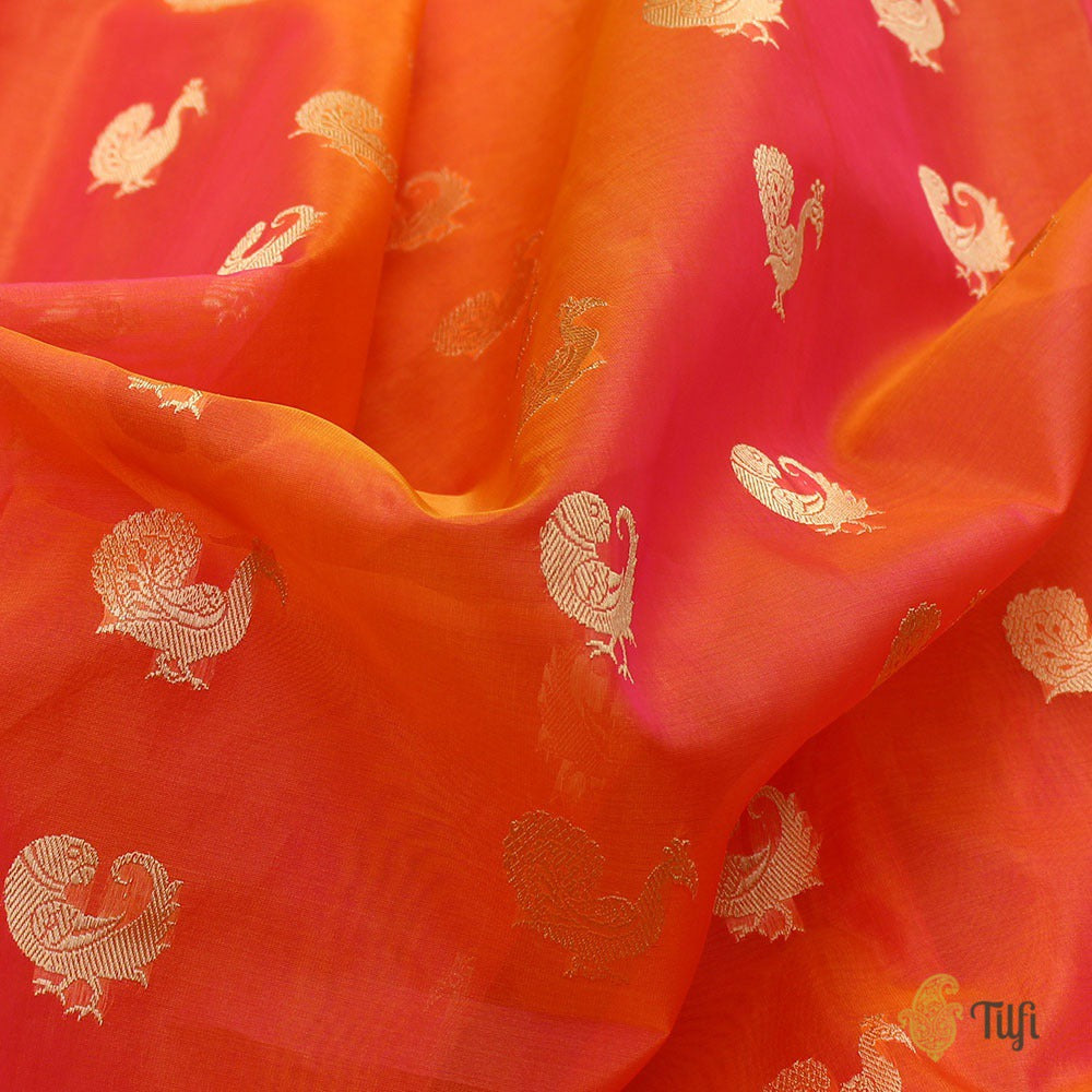 Orange-Rani Pink Pure Kora Silk Banarasi Paithani Handloom Saree