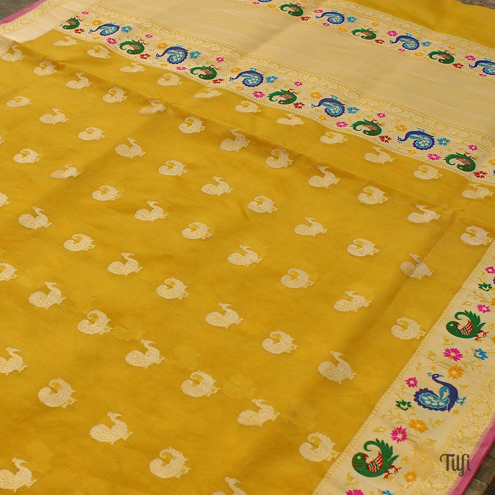 Yellow Pure Kora Silk Banarasi Paithani Handloom Saree