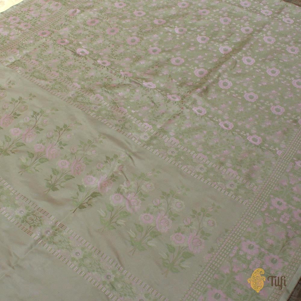Pastel Green-Gray Pure Soft Satin Silk Banarasi Handloom Saree