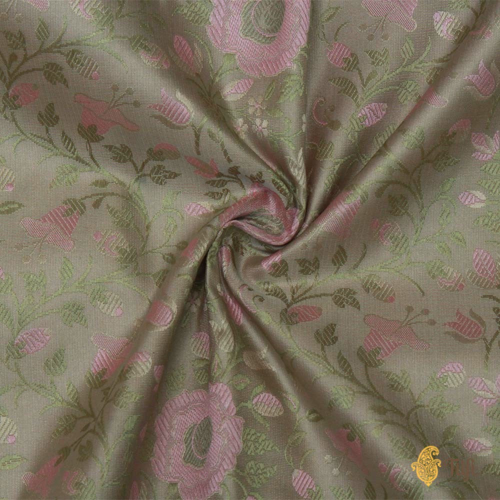 Pastel Green-Gray Pure Soft Satin Silk Banarasi Handloom Saree