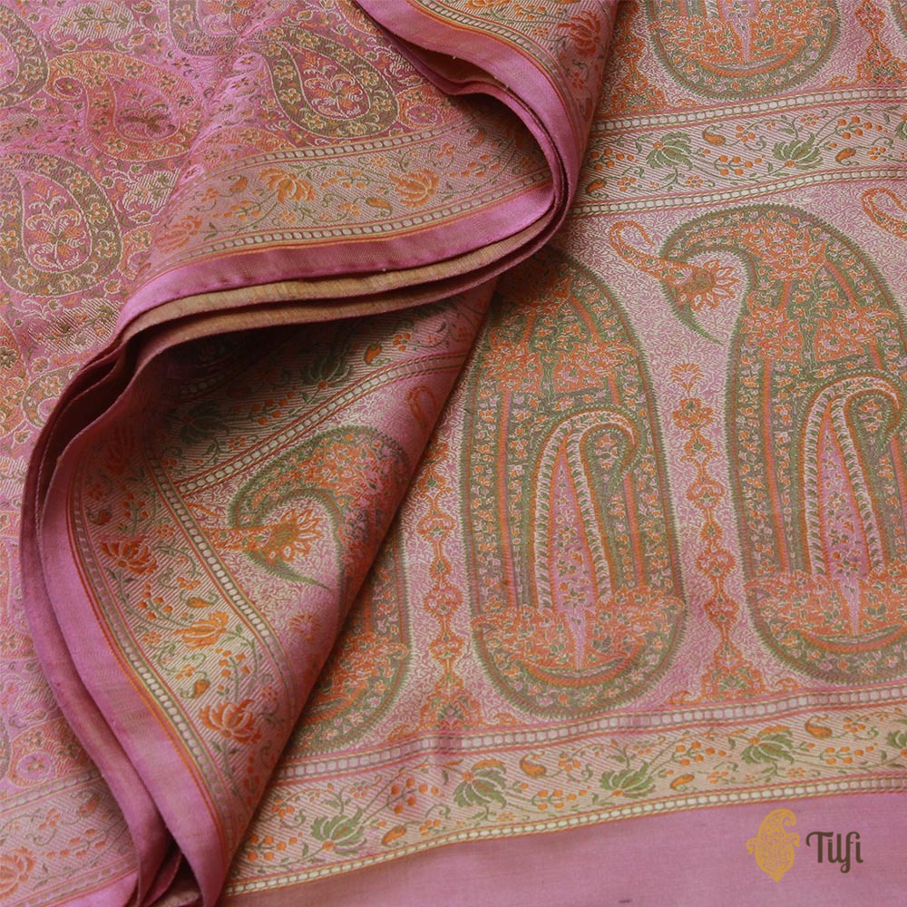 Gajri Pink Pure Soft Satin Silk Tanchoi Jamawar Banarasi Handloom Saree