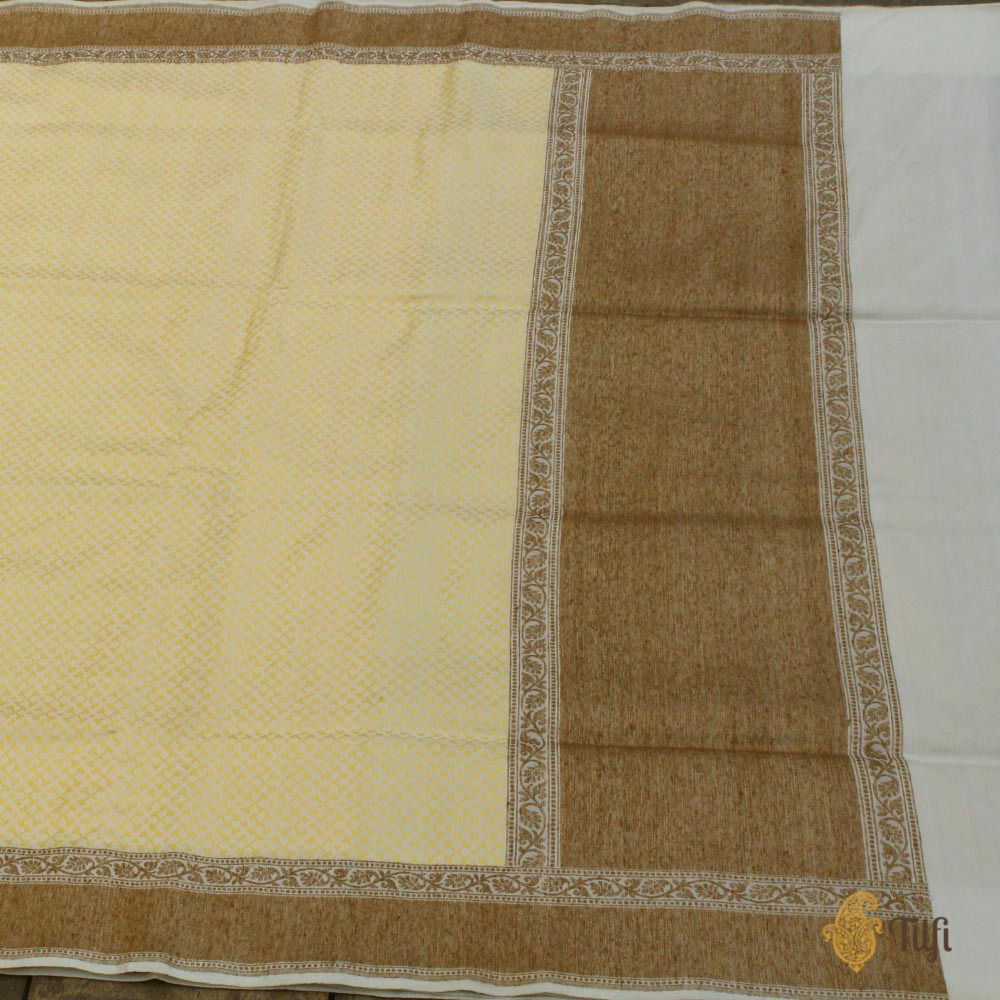 White-Yellow Pure Katan Silk Handwoven Banarasi Saree