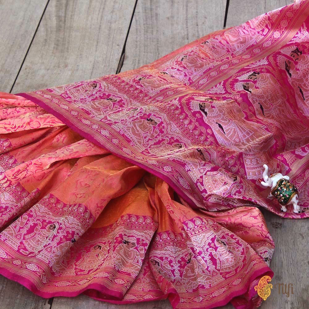 Light Orange-Indian Pink Pure Katan Silk Banarasi Handloom Saree