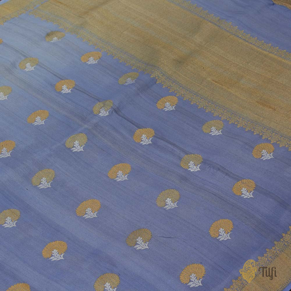 Periwinkle Blue Ombré Pure Tussar Georgette Silk Banarasi Handloom Saree