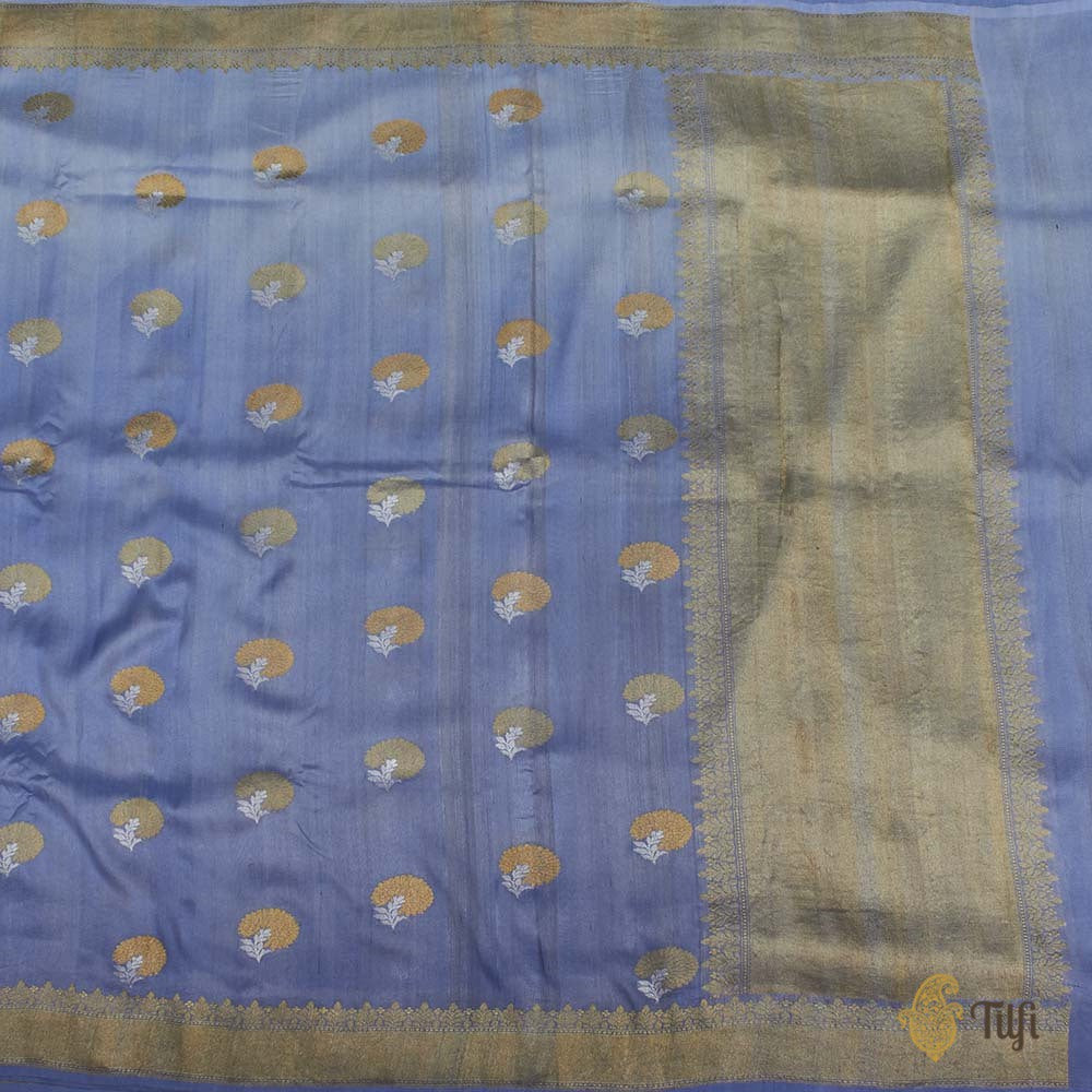 Periwinkle Blue Ombré Pure Tussar Georgette Silk Banarasi Handloom Saree