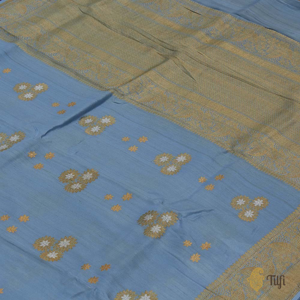 Blue Pure Tussar Georgette Silk Banarasi Handloom Saree