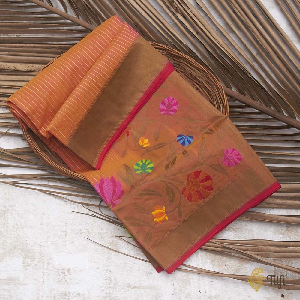 Yellow-Pink Pure Kora Silk Handwoven Banarasi Saree