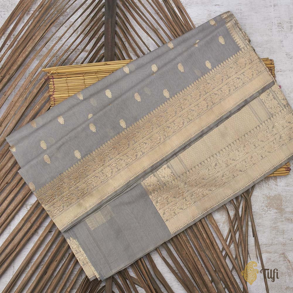 Gray Pure Kora Silk by Cotton Banarasi Handloom Saree