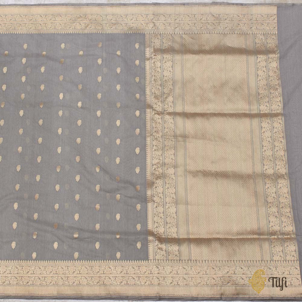 Gray Pure Kora Silk by Cotton Banarasi Handloom Saree