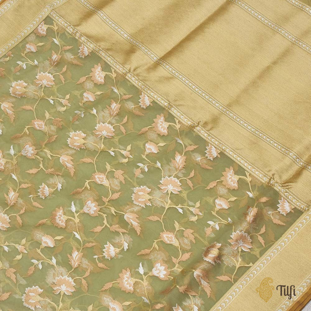 Green Pure Kora Silk Handwoven Kadwa Banarasi Saree
