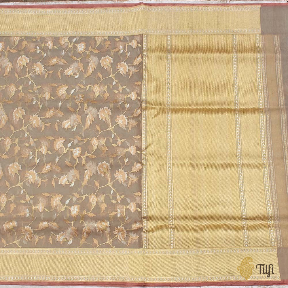 Gray Pure Kora Silk Handwoven Kadwa Banarasi Saree
