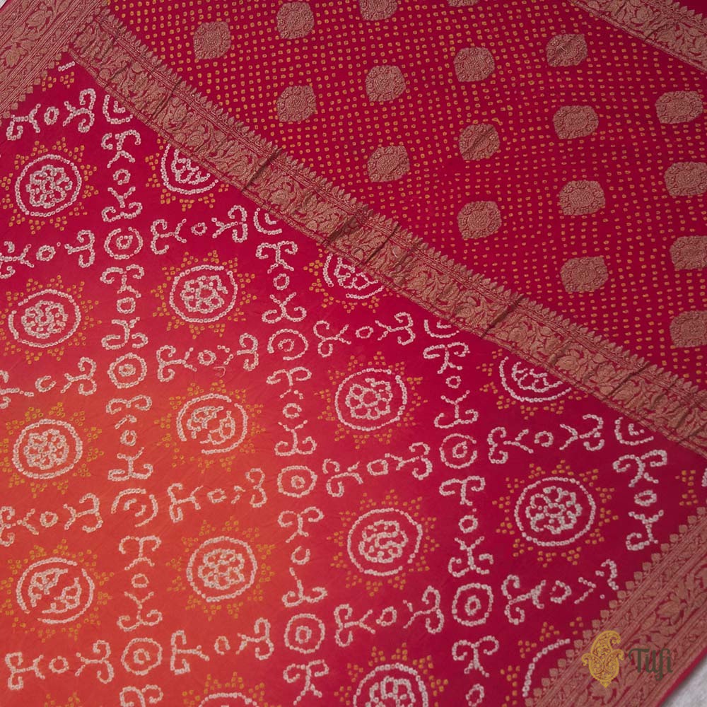 Orange-Pink Pure Georgette Banarasi Bandhani Handloom Saree