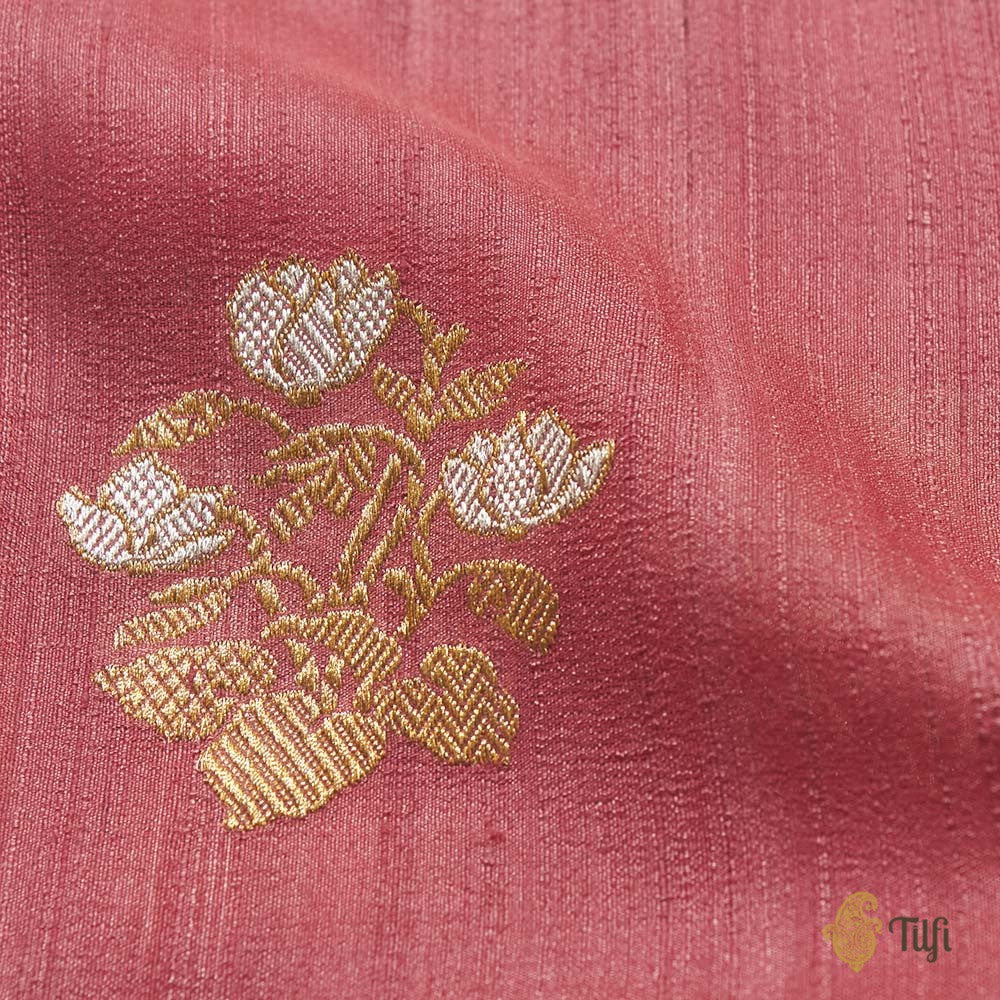 Coral Pink Pure Tussar Georgette Silk Banarasi Handloom Saree
