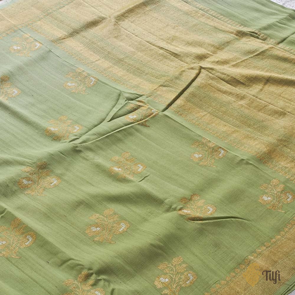 Pista Green Pure Tussar Georgette Silk Banarasi Handloom Saree