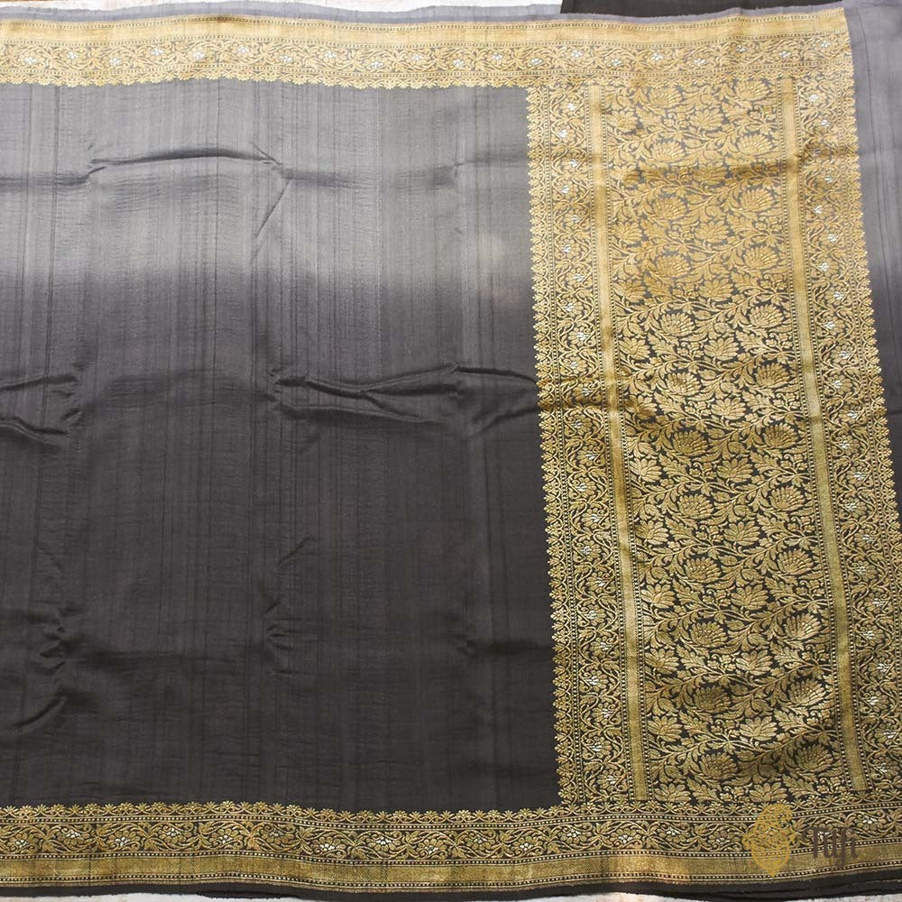 Gray-Black Pure Tussar Georgette Silk Banarasi Handloom Saree