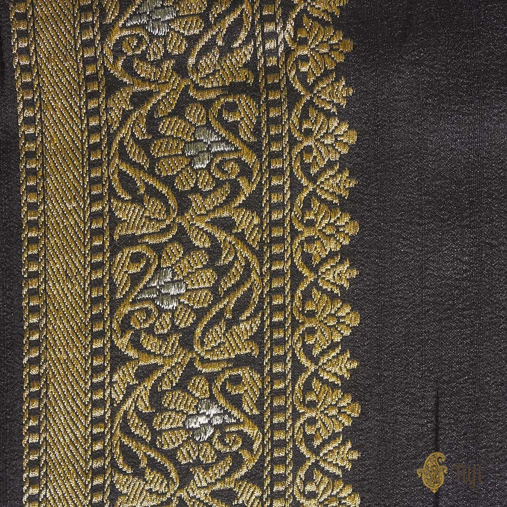Gray-Black Pure Tussar Georgette Silk Banarasi Handloom Saree
