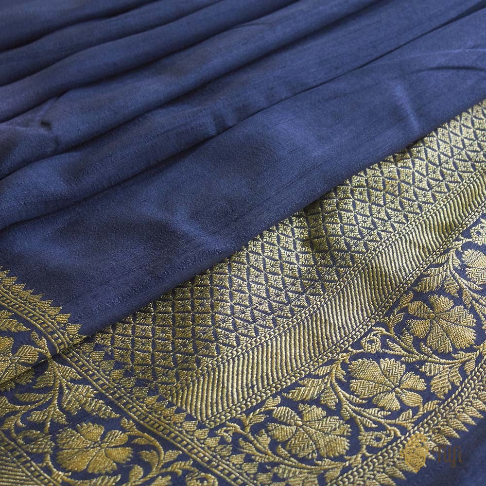 Prussian Blue Ombré Pure Tussar Georgette Silk Banarasi Handloom Saree