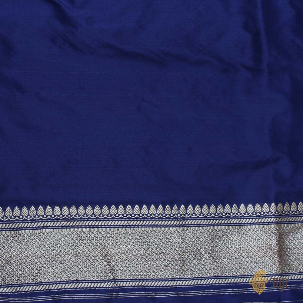 Navy Blue Pure Katan Silk Handloom Banarasi Saree with Silver Zari Buta & Floral Border main image 1