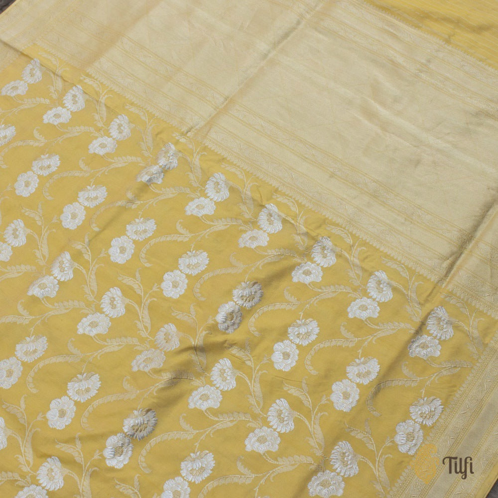 Off-White-Yellow Pure Katan Silk Banarasi Handloom Saree