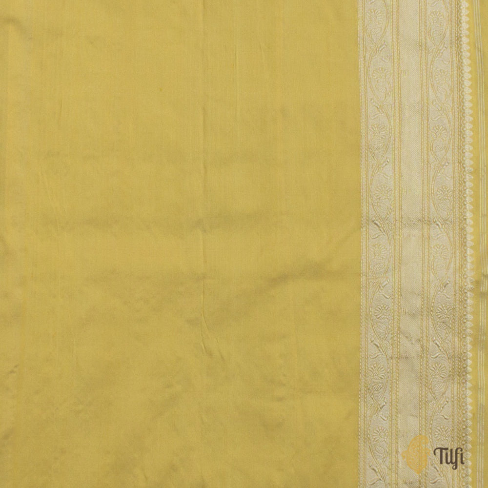 Off-White-Yellow Pure Katan Silk Banarasi Handloom Saree