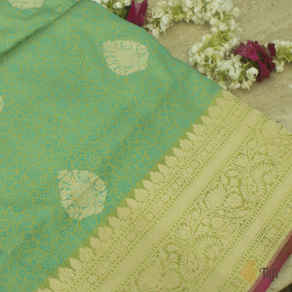 Mehendi Green-Turquoise Blue Pure Katan Silk Banarasi Handloom Saree