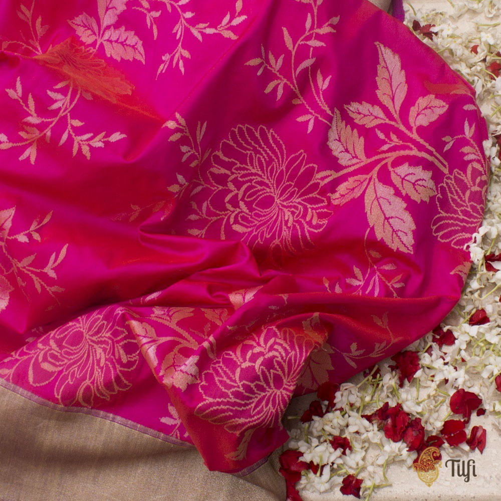Orange-Rani Pink Pure Katan Silk Kadwa Jangla Banarasi Handloom Saree