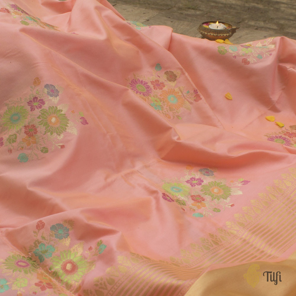 Light Yellow-Peach Pure Katan Silk Banarasi Handloom Saree